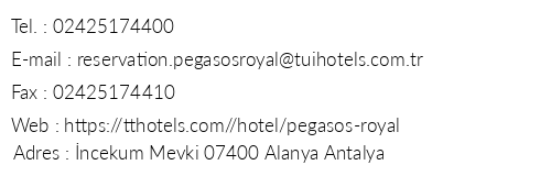 Pegasos Royal Resort telefon numaralar, faks, e-mail, posta adresi ve iletiim bilgileri